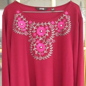 Dennis Basso Crepe Top Embroidered Beaded Ruffled Hem Burgundy Large